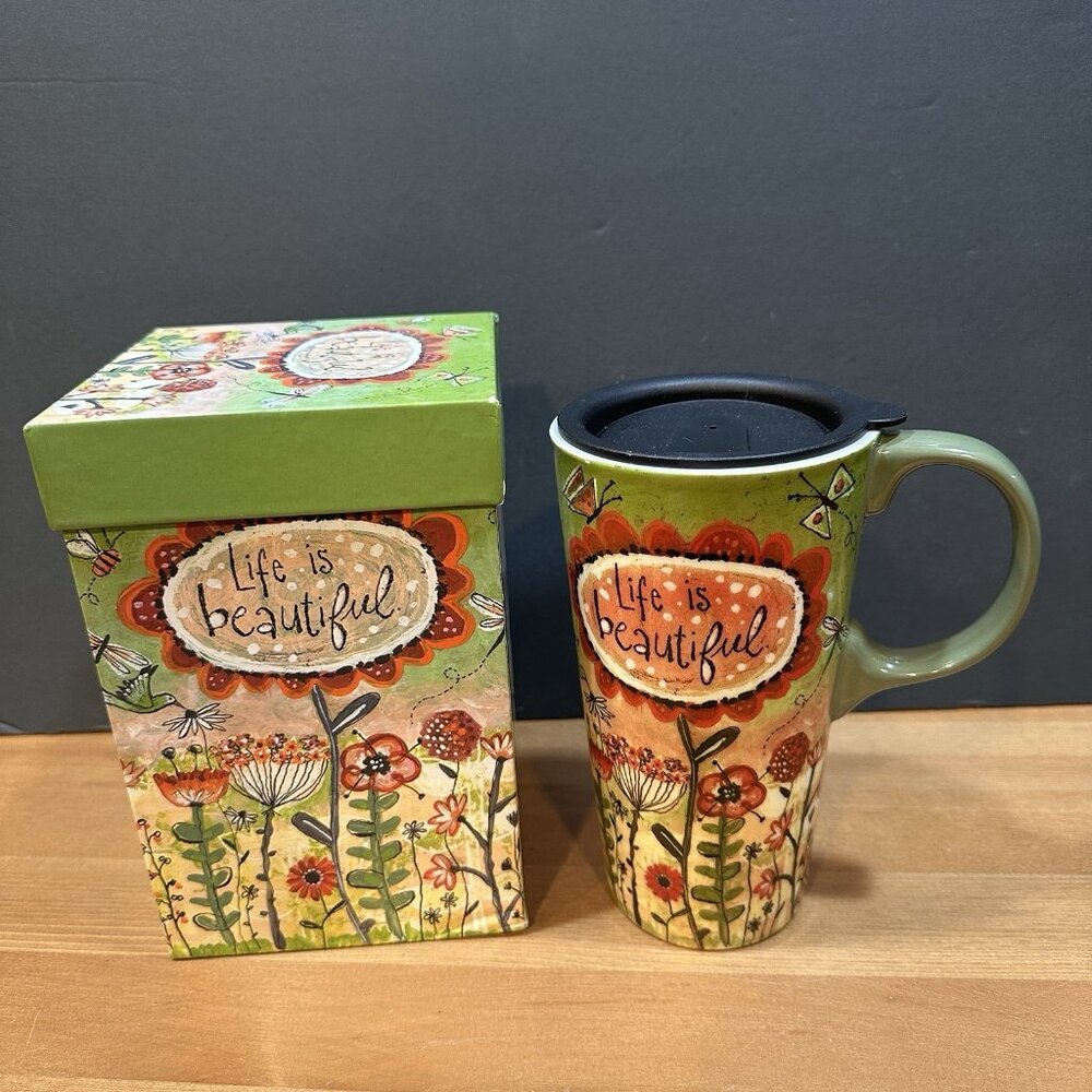 Cypress Home Ceramic Travel Mug Floral Birds Life is Beautiful w/ Lid Box 17oz